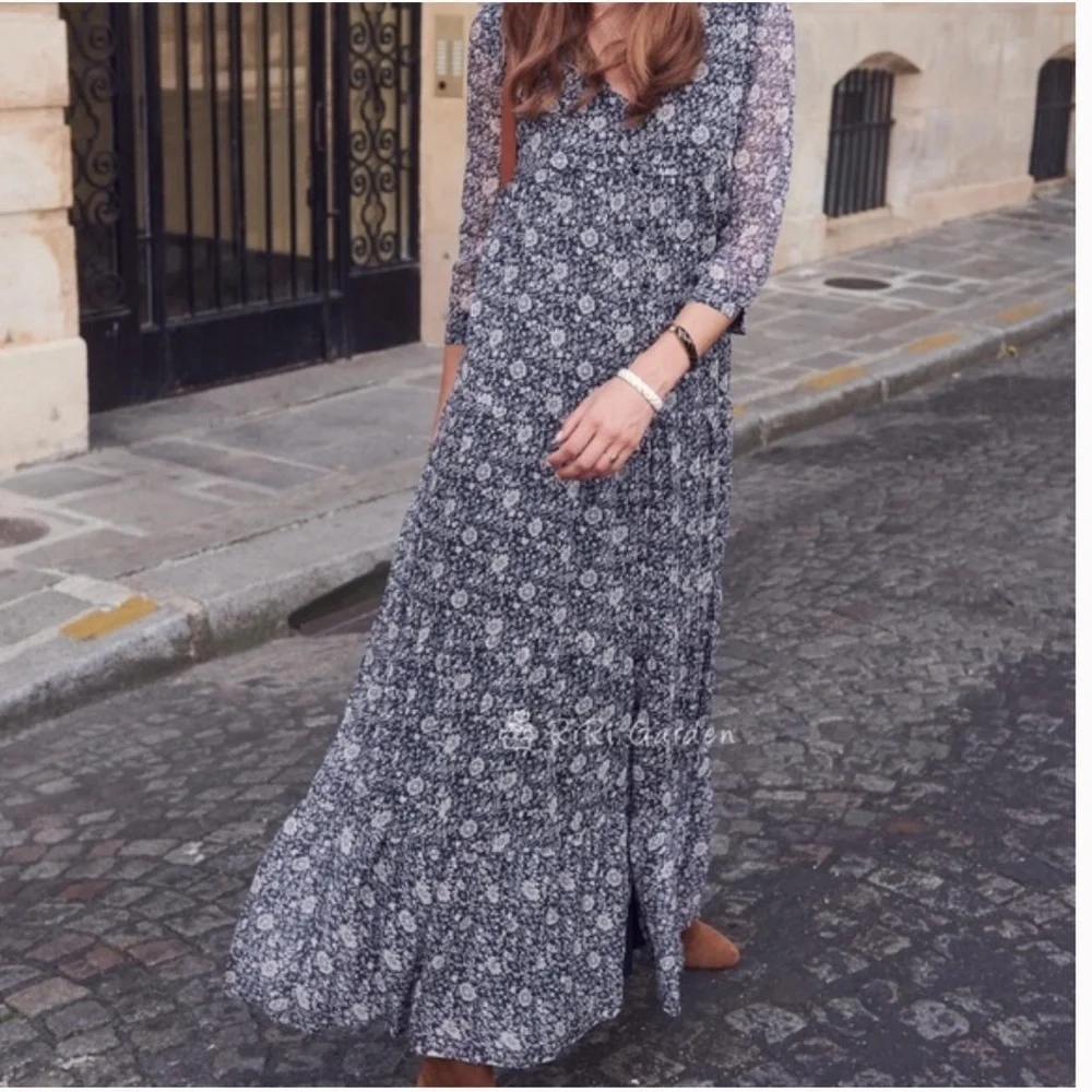 Sezane Aurelie Floral Marine Blue Maxi Dress size 34 US size 2 - Picture 3 of 8